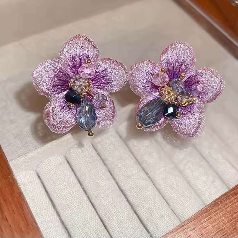 Floral Earrings with Purple and Gold Accents - Picture 5 of 7